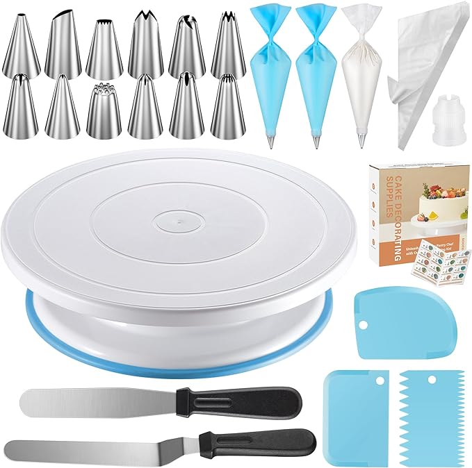 Kootek 71PCs Cake Decorating Kit, Baking Supplies Tools - Includes Cake Stand Turntable, 12 Icing Piping Tips, 2 Frosting Spatulas, 3 Scrapers, 50+2 Piping Bags, Coupler, Video Tutorial, Booklet