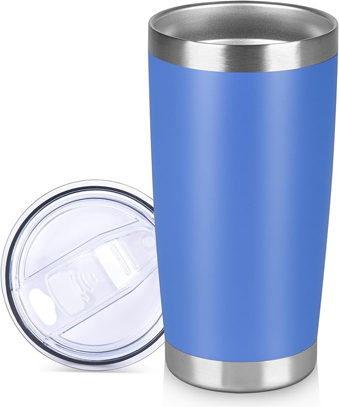20 oz Tumbler Stainless Steel Tumblers Bulk with Lid Double Wall Insulated Coffee Tumbler Cups for Hot & Cold Drinks Powder Coated Travel Coffee Tumbler Mug Metal (Azure, 1 pack)
