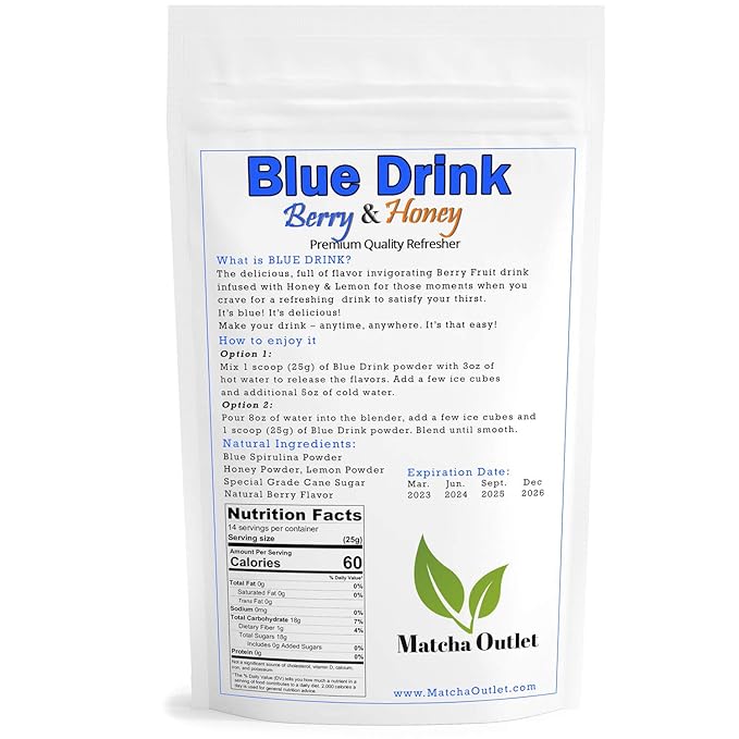Blue Drink Spirulina Powder, Berry & Honey Refresher 12oz Blue Drink Mix Natural Food Colorant Perfect for Ice Mix Yogurts Baked Treats Loaded Tea Bubble Tea