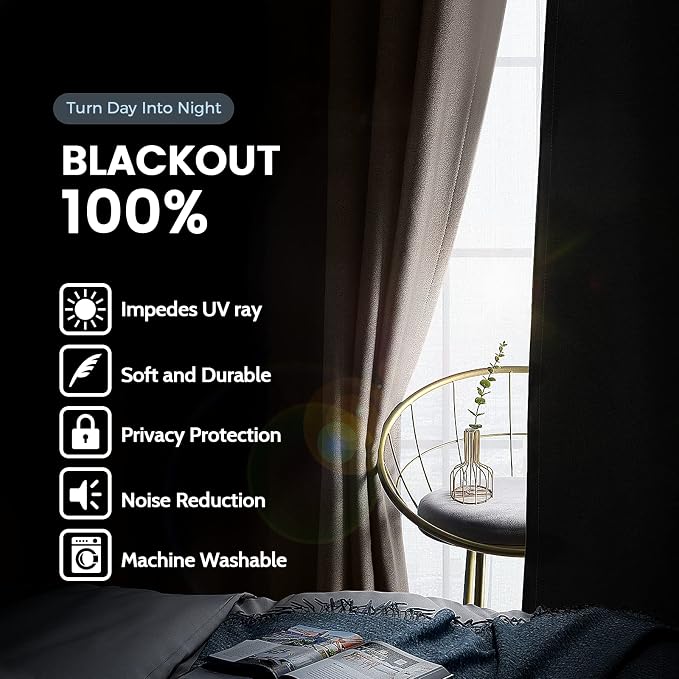 SimpleHome Cream 100% Blackout Curtains Room Darkening Living Room 84 Inch | - Image 3