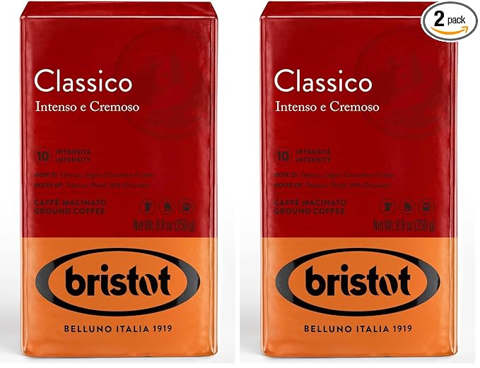 Bristot Classico Ground Espresso – Intense & Creamy Medium Roast Italian Coffee – For Moka, French Press & Pour Over – 8.8 oz (250g) (Pack of 2)