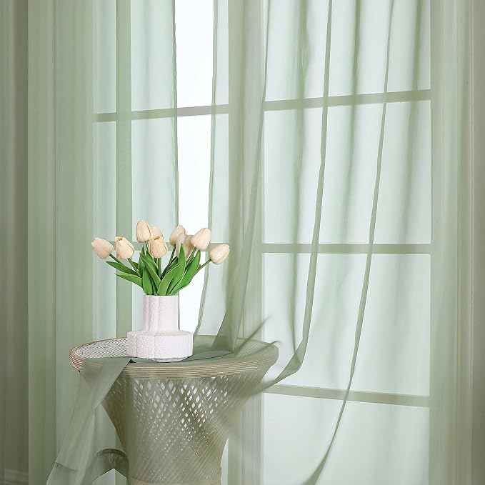 Sage Green Sheer Curtains 63 Inches Long 2 Panels Set, Light Filtering Sheer - Image 6