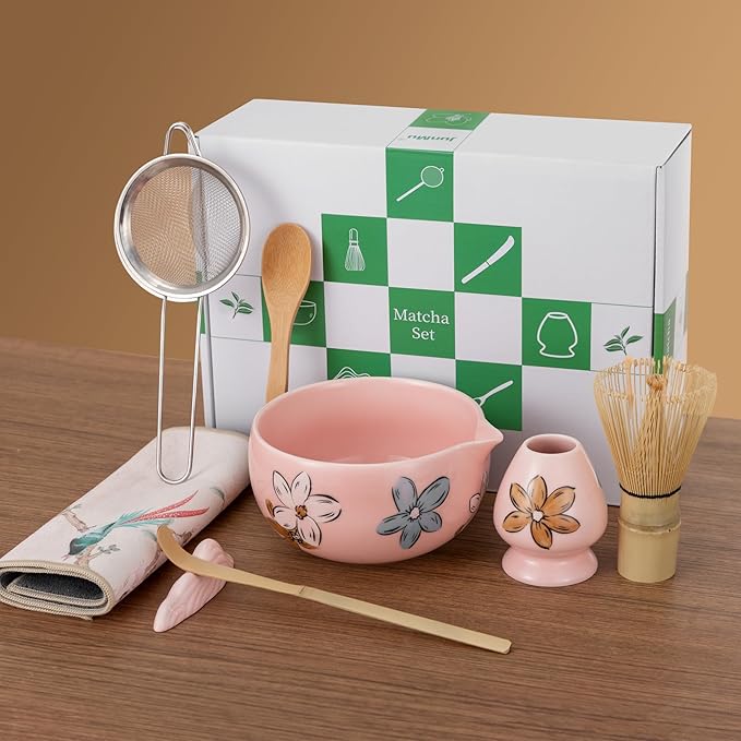 Matcha Whisk Set Pink,8pcs Matcha Set Whisk And Bowl,Matcha Kit With Bamboo Whisks,Ceramic Matcha Bowl,Sifter,Scoop,Holder,Towel,Stand,Spoon,Unique Gift for Japanese Tea Lover