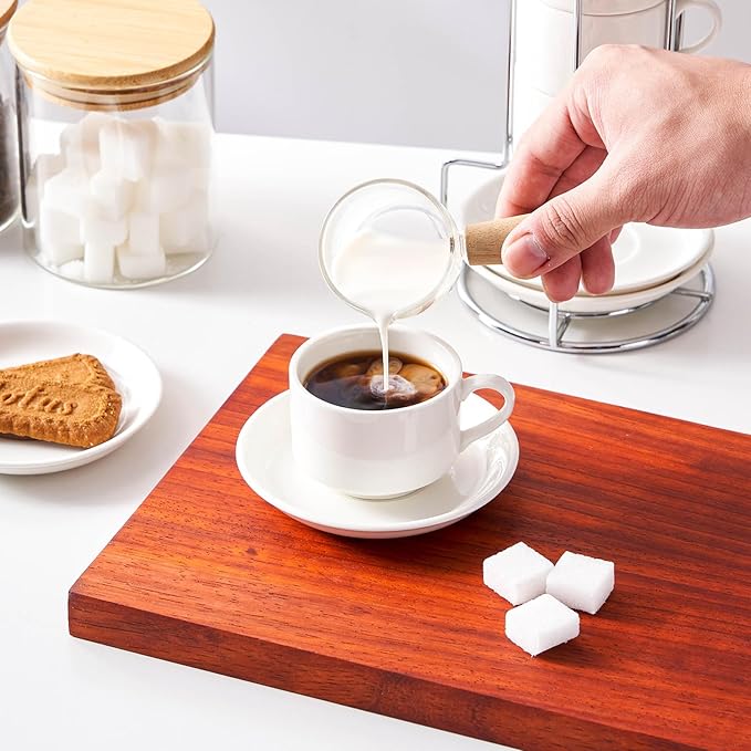 2.5 Ounce Porcelain Espresso Cups with Saucers and Silver Stand, White Stackable Cups Set of 4