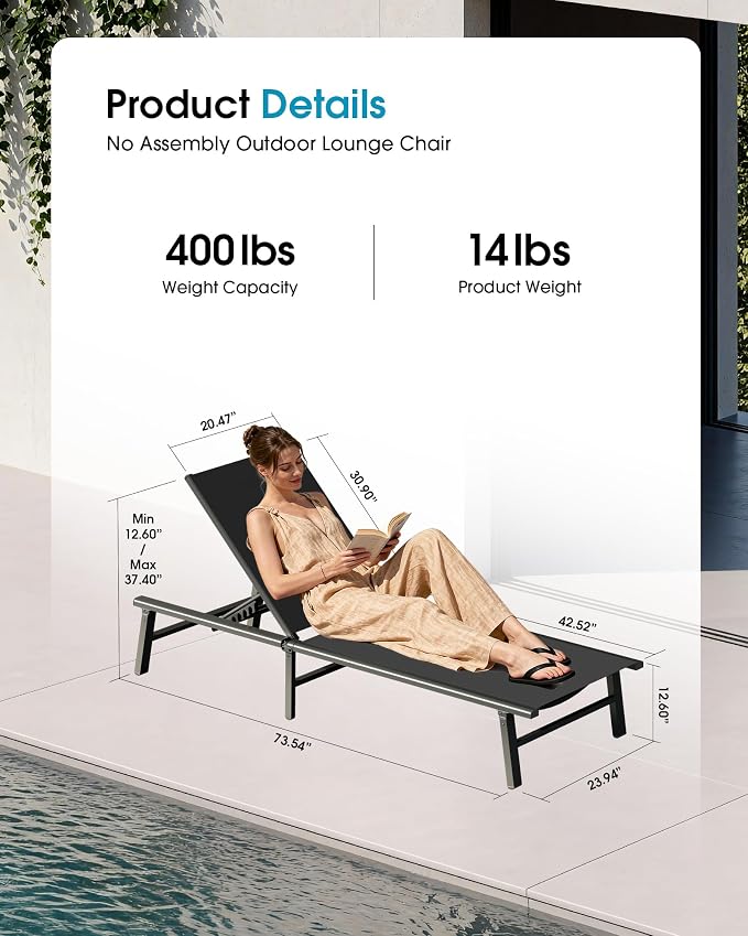 Ciokea Foldable Outdoor Lounge Chair Set of 2, No Assembly Aluminum Chaise - Image 2
