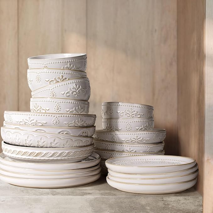 Artena Pasta Bowls, 50oz Large Salad Serving Bowls, 9.75'' Plates Bowl Set of 4, Big White Ceramic Soup Bowl for Kitchen, Embossment Shallow Dinner Bowl, Microwave Dishwasher Safe, Damask Floral