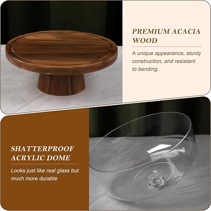 Bellsal Acacia Wood Cake Stand with Lid - 12in Round Cake Holder, 2-in-1 Dessert Table Display Set & Charcuterie Board for Cheese, Chips & Dips, Nachos, Fruit Platter, Large Acrylic Cake Dome Cover