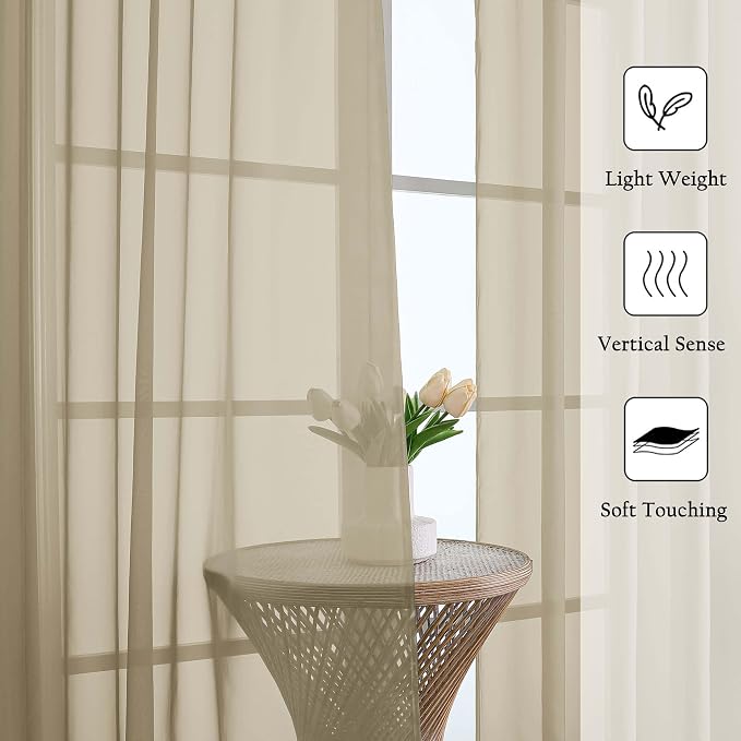 Taupe Sheer Curtains 108 Inches Long 2 Panels, Dual Rod Pocket Light Filtering - Image 2