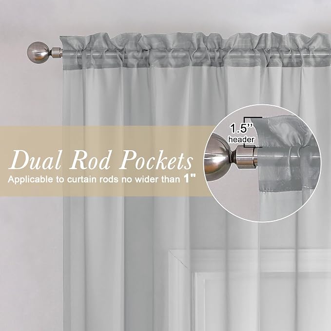 Light Grey Sheer Curtains 96 Inches Long 2 Panels, Light Filtering Voile Airy - Image 4