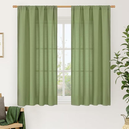 54 Inch Semi Sheer Green Linen Curtains by LAMIT