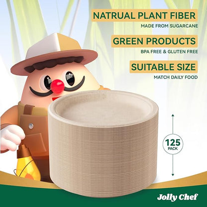 JOLLY CHEF Compostable Heavy Duty Plates 𝟭𝟬 𝗜𝗻𝗰𝗵 [𝟭𝟮𝟱 𝗣𝗮𝗰𝗸] Eco-Friendly Disposable Paper Plates Made of Bagasse Biodegradable Bulk for Party Dinner Sugarcane Thanksgiving Day (Natural)