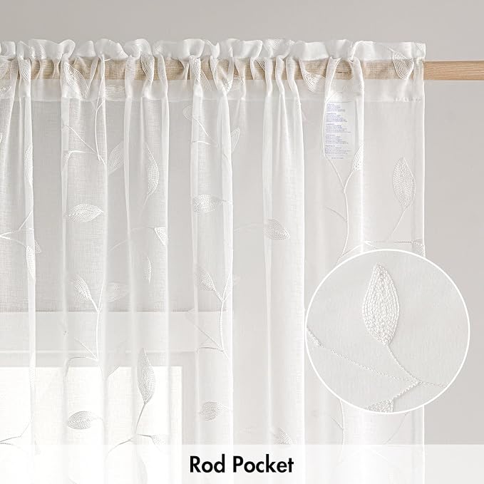MIULEE White Sheer Curtains 2 Panels Embroidered Leaf Patterned, W52 x L63 | - Image 6