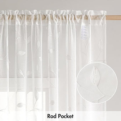 MIULEE White Sheer Curtains 2 Panels Embroidered Leaf Patterned, W52 x L63 | - Image 6