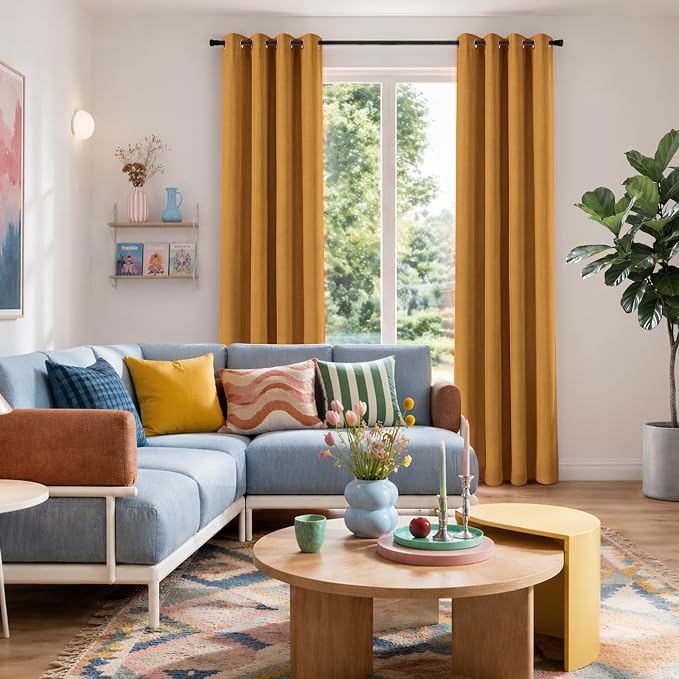 100% Blackout Linen Textured Curtains 96 Inch Long, Mustard Yellow | 100% - Image 2