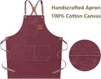 AFUN Chef Aprons for Men Women with Large Pockets, Cotton Canvas Cross Back Heavy Duty Adjustable Work Apron, Size M to XXL(Darkred)