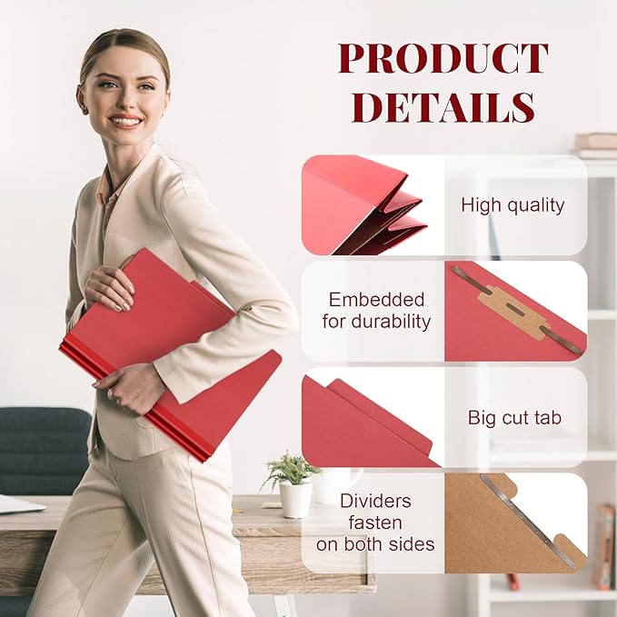 36 Pcs Classification Folders Letter Size, Back to School Supply for Teacher, Student, 1 Divider Pressboard File Folder Bulk with 2 Fasteners, 3.5 Inch Expanding File Organizer (Red)