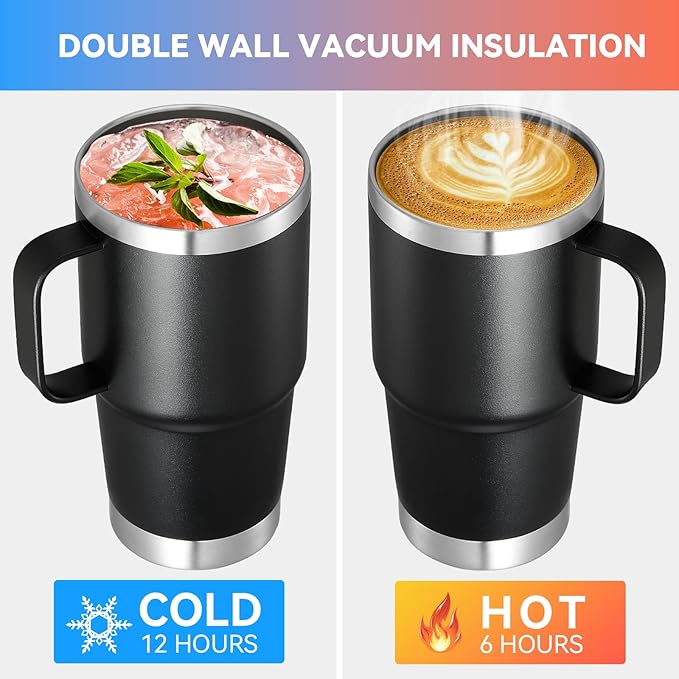 VEGOND 20 oz Tumbler with Handle Lid and Straw, Stainless Steel Insulated Travel Coffee Mug Spill Proof Double Wall Metal Tumbler Cup Keeps Drink Hot and Cold, Black 1 Pack