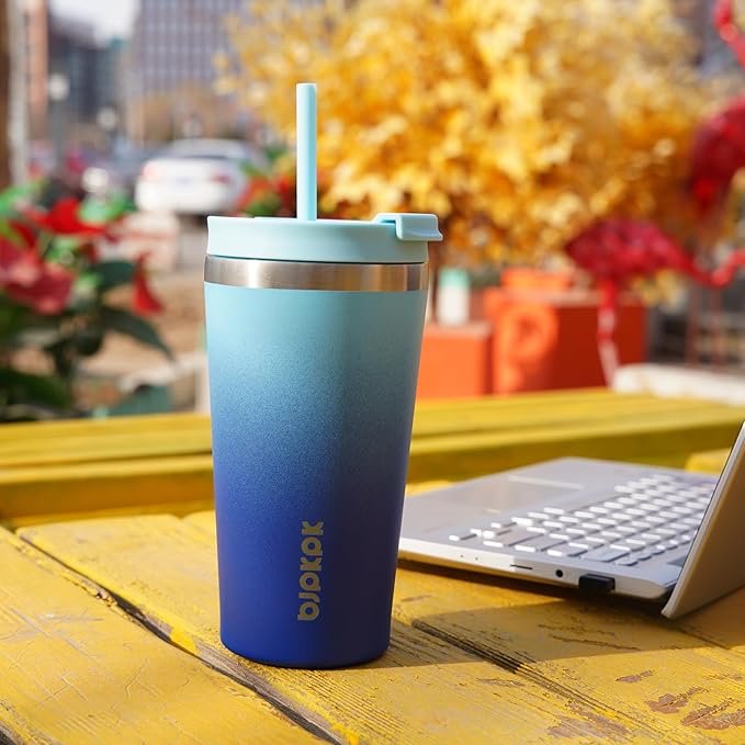 BJPKPK 22oz Stainless Steel Insulated Tumbler With lid And Straw Travel Coffee Thermal Tumblers Cup For Women And Men,Modern Blue