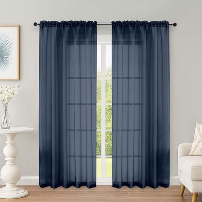 Navy Blue Sheer Curtains 72 Inches Long 2 Panels Set, Transparent Voile Sheer by OWENIE
