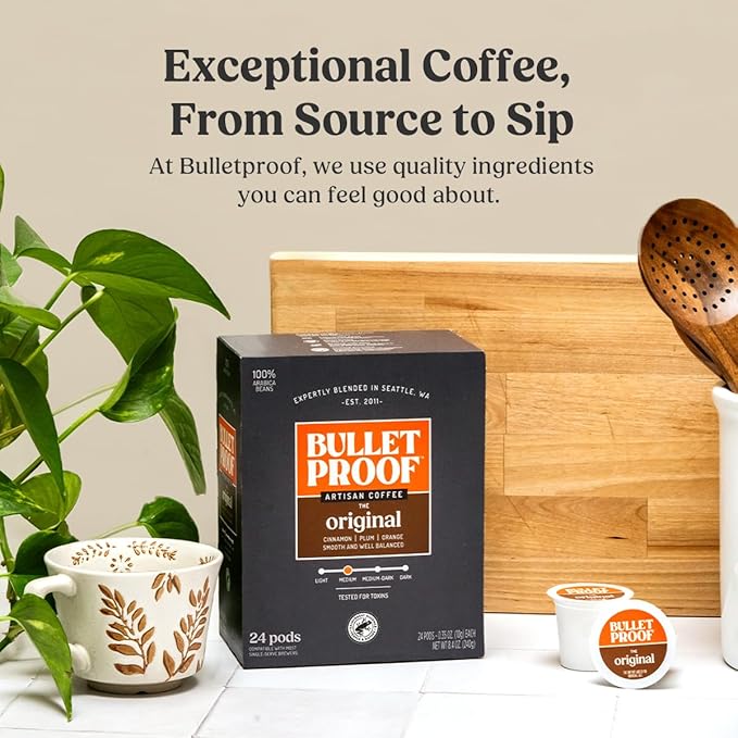 Bulletproof Original Medium Roast Single-Serve Pods, 72 Count, 100% Arabica Beans, Clean Coffee Tested for Toxins, Packaging May Vary