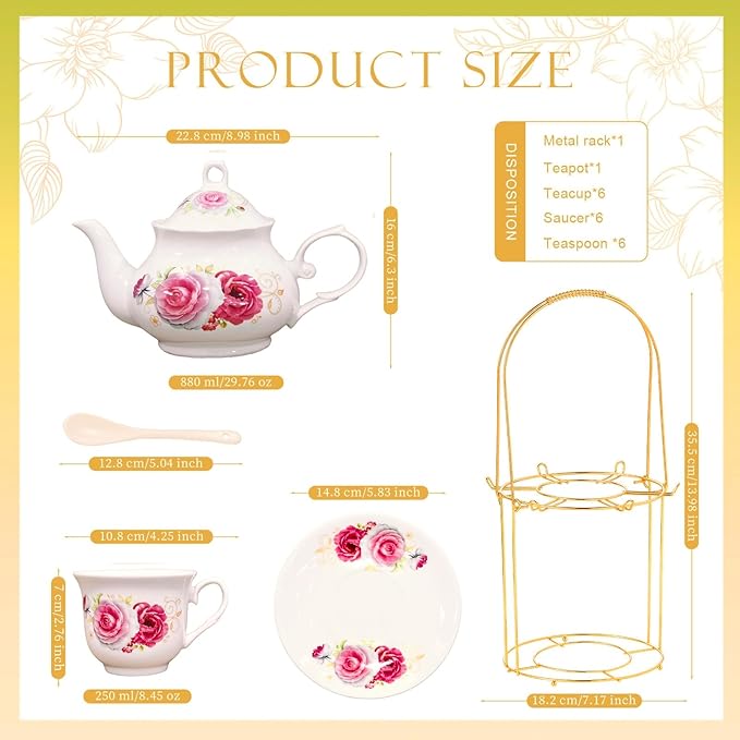 20-Pieces Porcelain Tea Sets For Women, Tea Set For Adult with Golden Metal Rack,Tea Gift Sets for Home&Party(014)