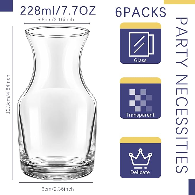 6 Pack Single Serving Wine Carafe Glass Small Mini Carafe Individual Wine Refill Decanter for Dinner Parties Tastings Bars Restaurants (7.7 oz)