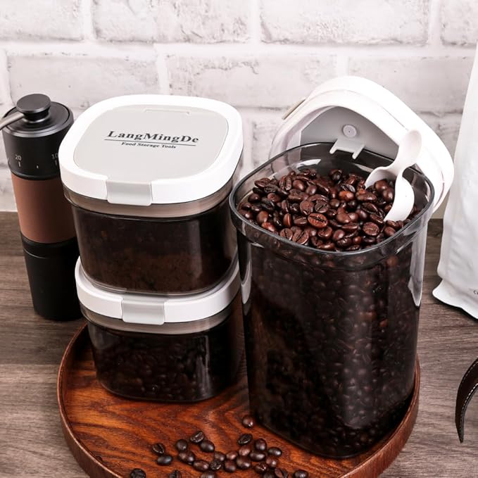 3 Piece Airtight Kitchen Storage Canisters Set, Coffee and Dry Food Storage Containers, BPA-Free, Stackable, Easy-Clean, Perfect for Coffee, Flour, Sugar, Includes Scoop
