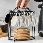 LUKA Ceramic Coffee Espresso Cups with Saucers Set with Metal Holder, 4 oz Porcelain Demitasse Cups For Espresso, Latte, Coffee, Cafe Mocha, Tea, Set of 6, Stripe White & Black