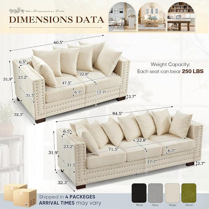 2 Piece Velvet Couch and Loveseat Sets, Mid Century Modern Couch - Image 2