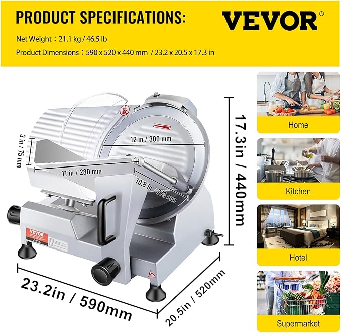 VEVOR Commercial Meat Slicer, 320W Electric Deli Food Slicer, 12 inch Carbon Steel Blade Electric Food Slicer, 350-400RPM Meat Slicer, 0-0.6 inch Adjustable Thickness for Cheese, Veggies, Ham