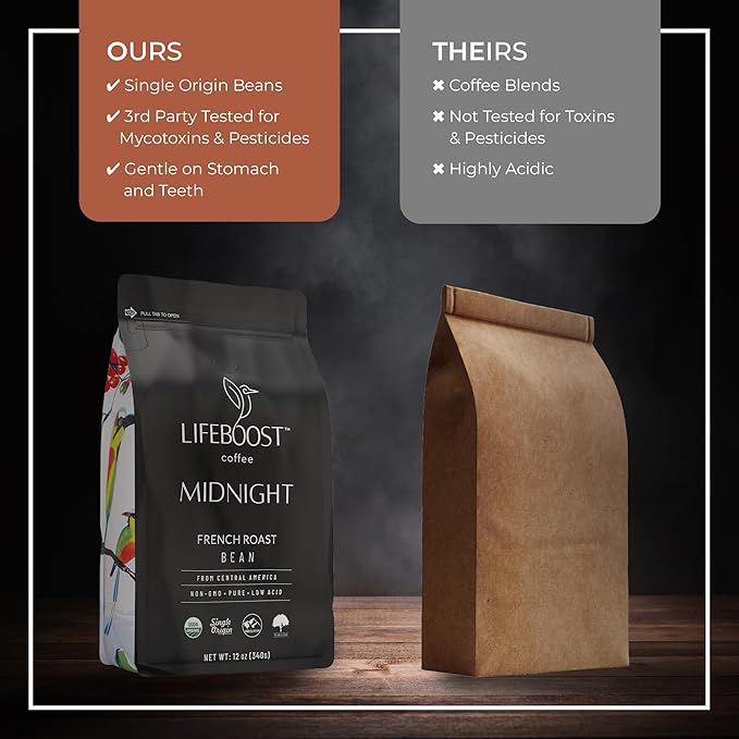 Lifeboost Midnight French Roast Coffee Beans - Single Origin Non-GMO USDA Organic Low Acid French Roast Coffee - Third Party Tested For Mycotoxins & Pesticides - 12 Ounces