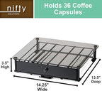 Nifty Rolling Coffee Pod Drawer – Tempered Glass, Black, Compatible with K-Cups, 36 Pod Pack Holder, Compact Under Coffee Pot Storage Drawer, Slim Home Kitchen Counter Organizer
