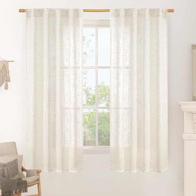 Cream Linen Semi Sheer Curtains 63 Inch by LAMIT