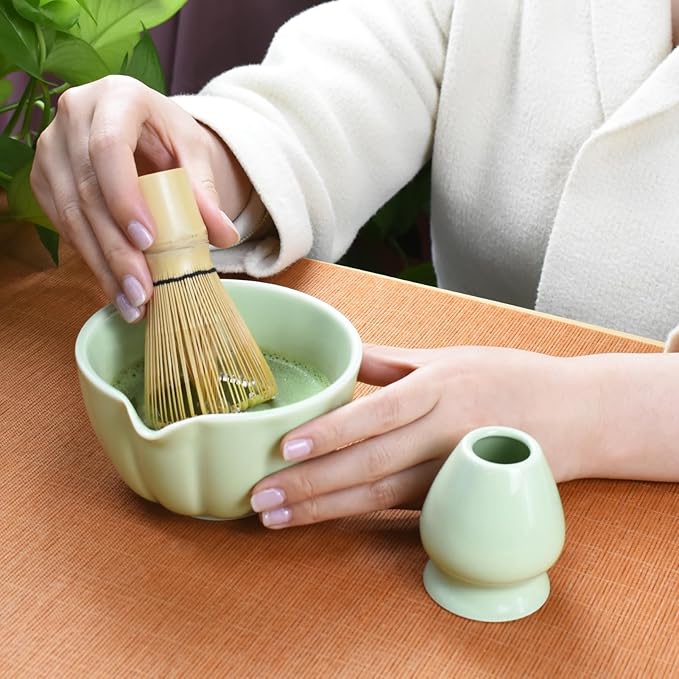 Artcome 4 Pcs Japanese Matcha Tea Set - Matcha Bowl with Pouring Spout, Matcha Whisk, Tea Scoop, Whisk Holder, Handmade Matcha Ceremony Kit For Japanese Tea Ceremony, Green
