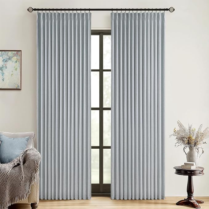 MIULEE Grayish Blue Pinch Pleated 100% Blackout Linen Curtains 40x96 Inches | by MIULEE