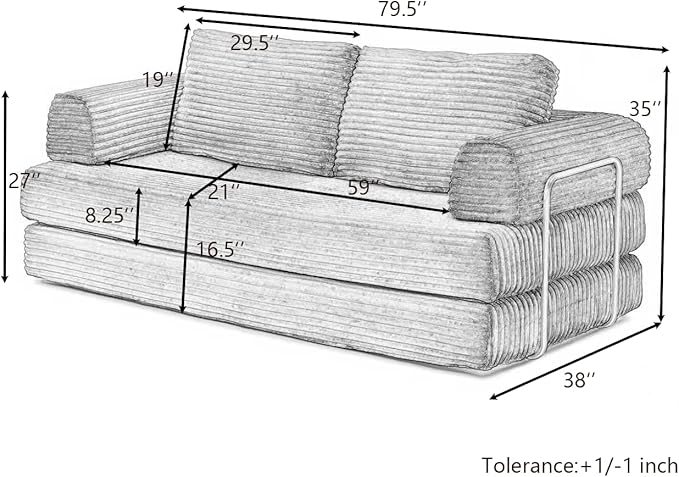 HANXIN 80 Inch Convertible Sleeper Sofa Bed, High Back Plush Corduroy Folding - Image 2