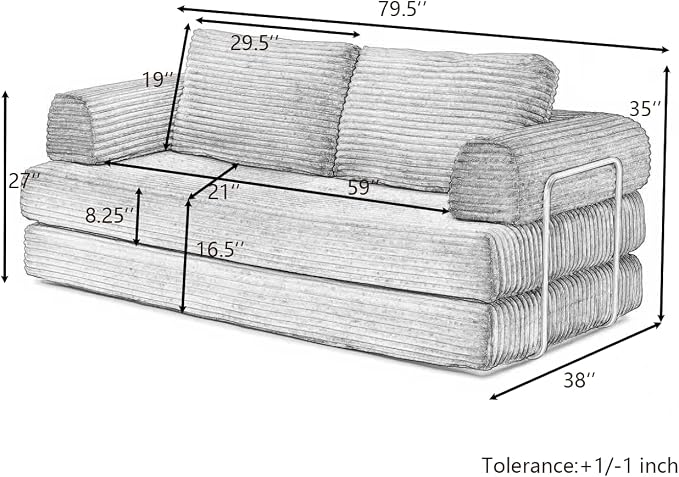HANXIN 80 Inch Convertible Sleeper Sofa Bed, High Back Plush Corduroy Folding - Image 2