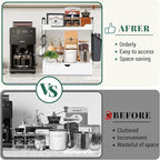 Coffee Station Organizer for Counter, Condiment Storage Caddy for Kitchen with Hooks and Bag,2 Tier Wooden Shelf for Coffee Bar Accessories,Coffee Bar Organizer for Kitchen, Home, Office-Brown