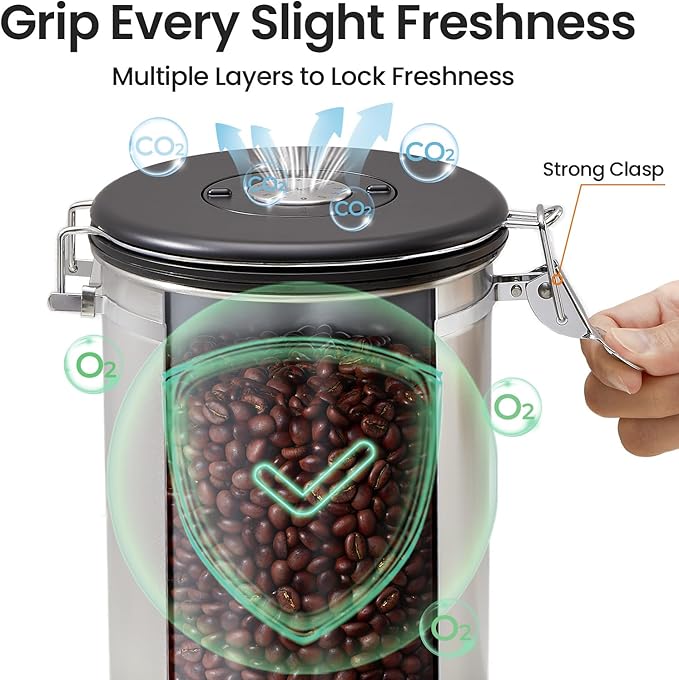 Veken Coffee Canister, 39OZ Large, Airtight Stainless Steel Food Storage Container for 2.2lbs Coffee Beans, Ground, Sugar, Tea, Flour, Rice, Cereal, Cookies Jars, Bar Accessories & Gifts, Silver