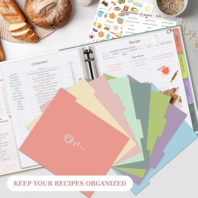 Lanpn Recipe Binder 8.5x11 3 Ring Kit, Blank Organizer Recipe Binder Waterproof Cookbook to Write in Your Own Recipes with 60 Plastic Sleeves,116 Recipes, Dividers,Labels & Stickers, Green