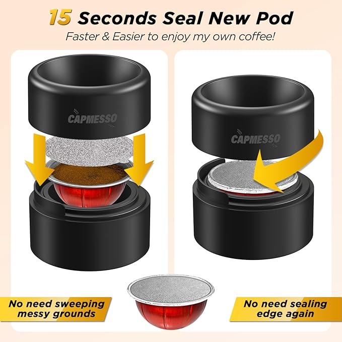 CAPMESSO Reusable Vertuoline Pod Refill Kit, 2024 Innovative for Faster Seal Reusable Vertuoline Pods with Fill & Press Brush,50pcs Aluminum Lids for Vertuoline Pod (50 Lids+1 Holder+1 Scoop)-NO PODS