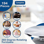 204 PCS Cake Decorating Kit, Aluminum Rotating Turntable Stand, Baking Supplies Kit Set with 4 Springform Pan Sets, 55 Icing Piping Nozzles, Cake Topper, Icing Spatula, Scraper, Pro Baking Tools