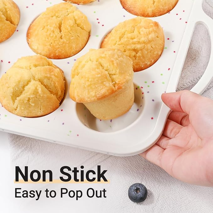 FUNBAKY Silicone Muffin Pans for Baking, Metal Reinforced Frame 12 Cups Regular Size Silicone Cupcake Pan Nonstick Muffin Tin for Baking Muffin, Cupcake, Frittatas,BPA Free, Dishwasher Safe