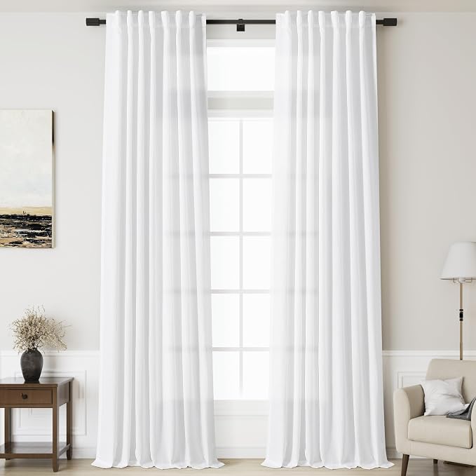 White Extra Long Linen Curtains 2 Panels Set 141 Inches Long by Nanspring