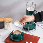 8 Ounce Porcelain Cappuccino Cups with Saucers and Silver Stand, Green Cups Set of 4