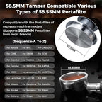 IKAPE 58MM Espresso Tamper Kit Silver 8 IN 1, Coffee Tamper Set comprising a Tamper, Distributor, Magnetic Dosing Funnel, Puck Screen, Station, WDT Tool, along with a Cleaning Towel and Brush