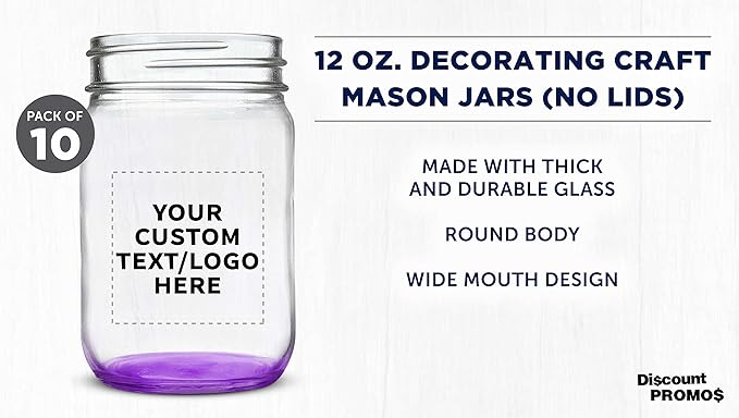 DISCOUNT PROMOS Custom Decorating Mason Jars 12 oz. Set of 10, Personalized Bulk Pack - Glass Jars for Overnight Oats, Candies, Fruits, Pickles, Spices, Beverages - Purple