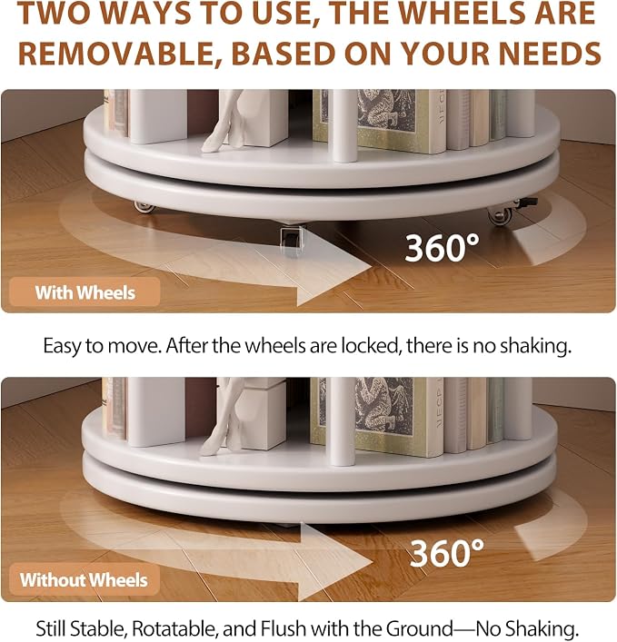 Muwuele Solid Wood Rotating Bookshelf on Wheels, 6 Tier, Round Revolving - Image 5