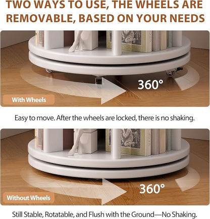 Muwuele Solid Wood Rotating Bookshelf on Wheels, 6 Tier, Round Revolving - Image 5