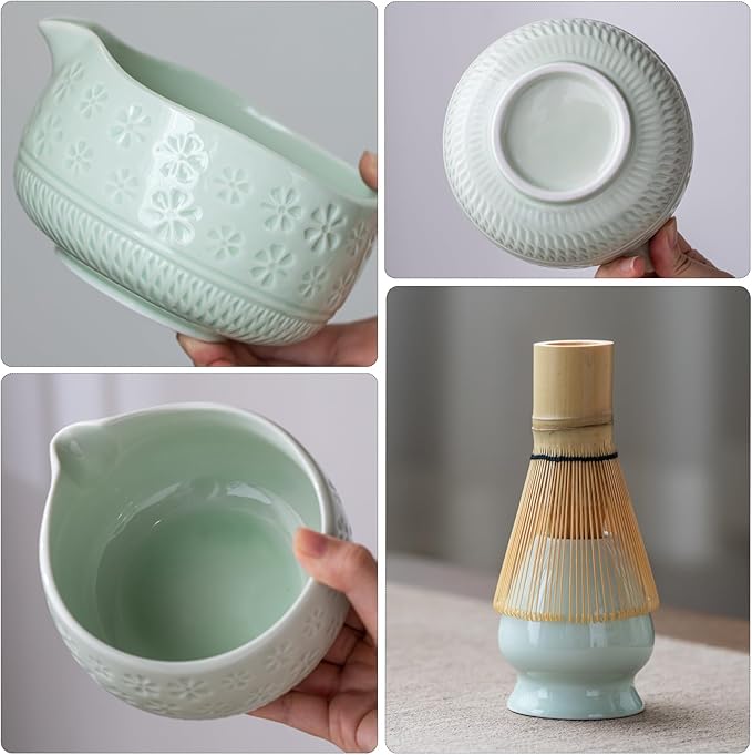 Matcha Whisk Set, Ceramic Matcha Set Includes Matcha Bowl, Matcha Whisk and Holder, Bamboo Scoop, Scoop Rest, Sifter and Tea Towel - 7 Pcs Matcha Kit for Matcha Lovers (Mint)